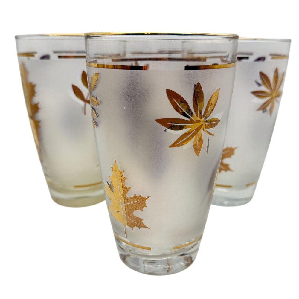 Libbey Frosted Gold Leaf Glasses MCM Vintage 5.25" juice high ball VTG